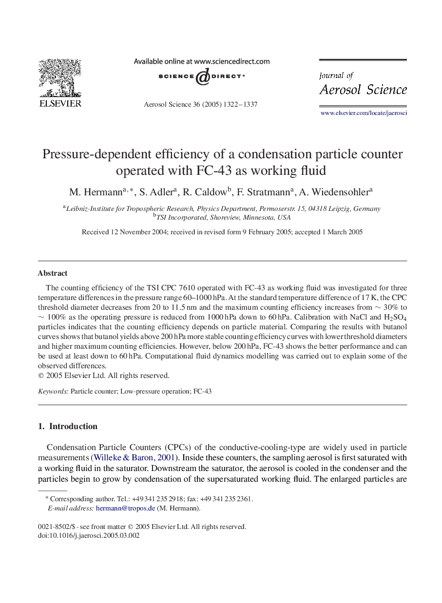 Pressure-dependent efficiency of a condensation particle counter operated with FC-43 as working fluid