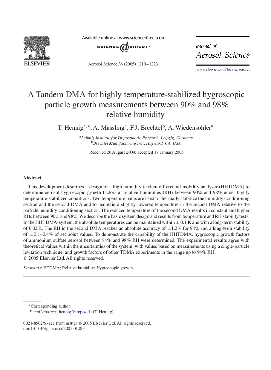 A Tandem DMA for highly temperature-stabilized hygroscopic particle growth measurements between 90% and 98% relative humidity