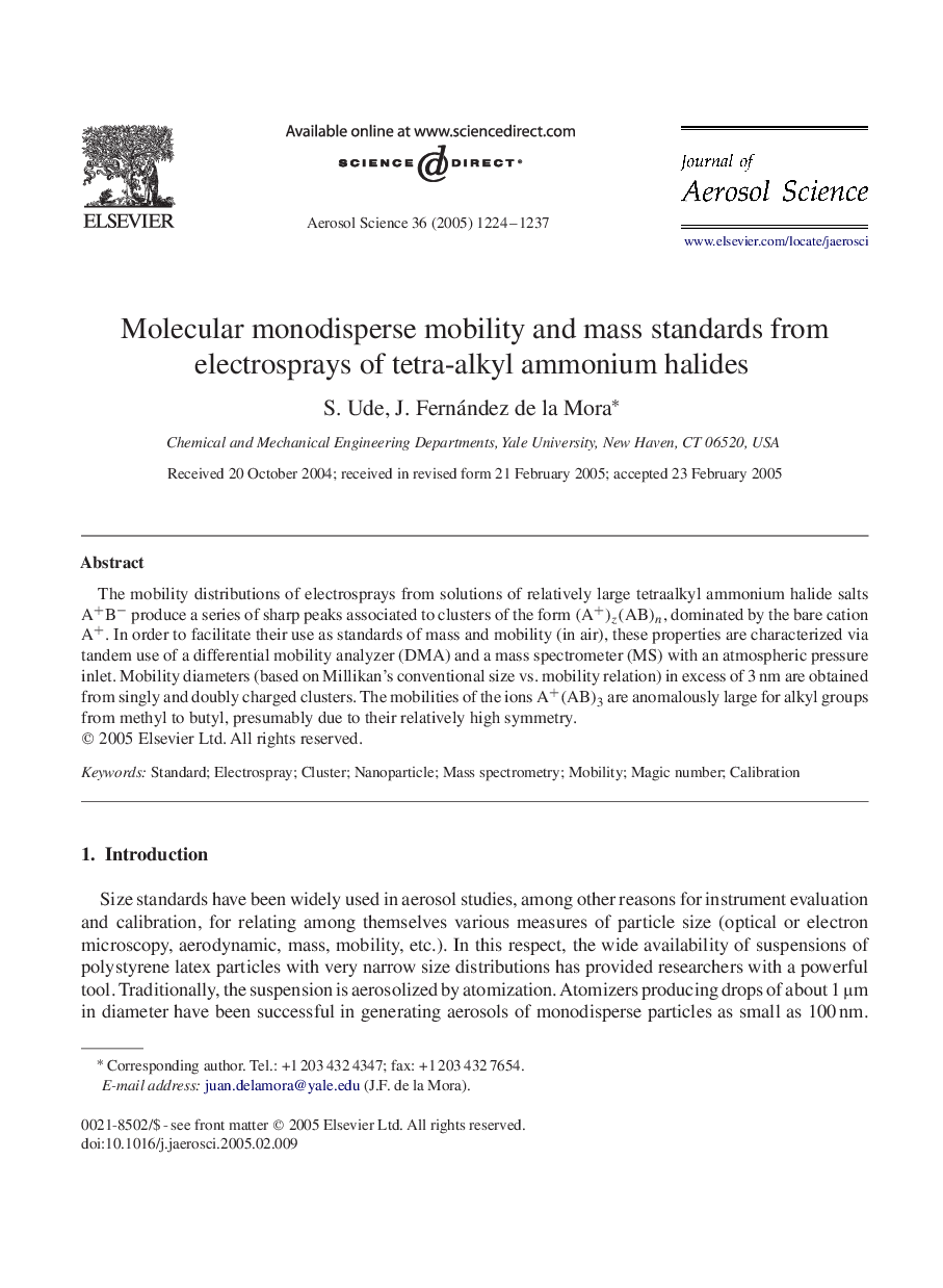 Molecular monodisperse mobility and mass standards from electrosprays of tetra-alkyl ammonium halides