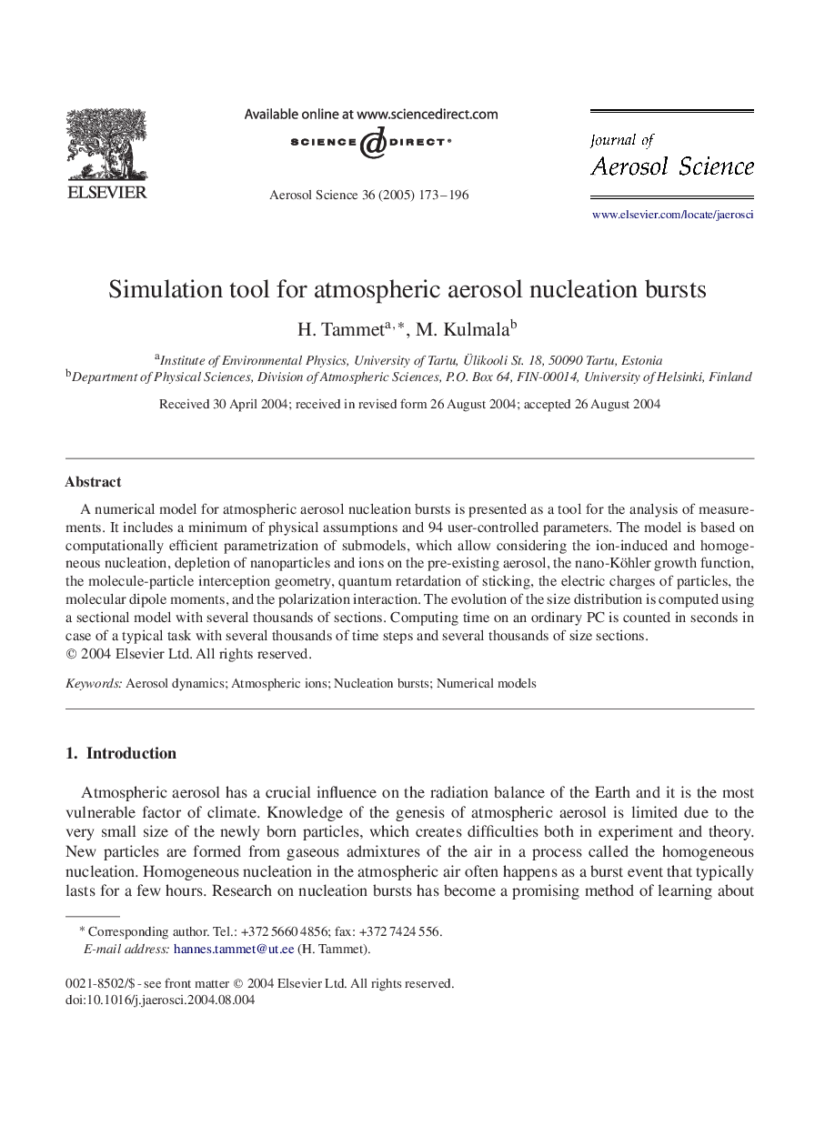 Simulation tool for atmospheric aerosol nucleation bursts