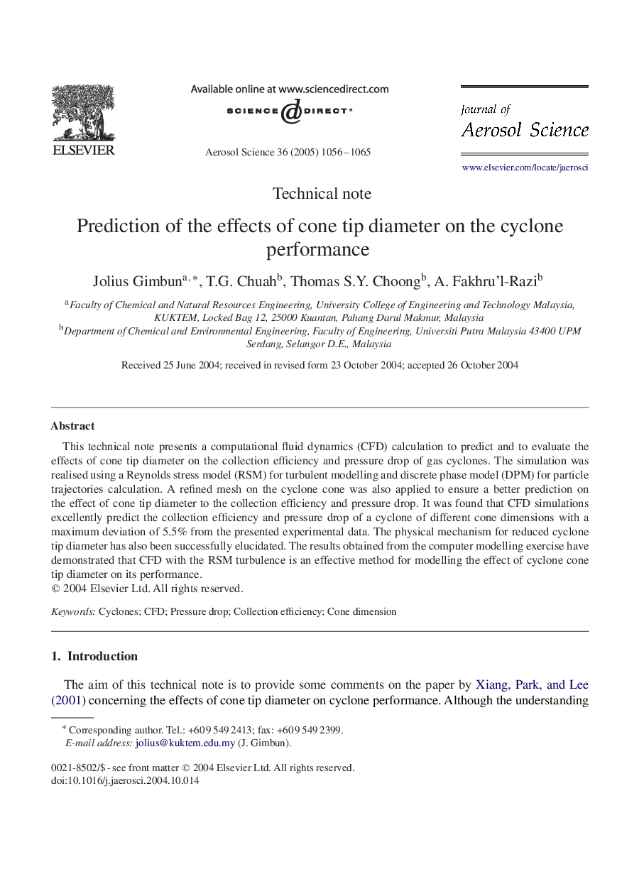 عکس صفحه اول مقاله: Prediction of the effects of cone tip diameter on the cyclone performance Prediction of the effects of cone tip diameter on the cyclone performance