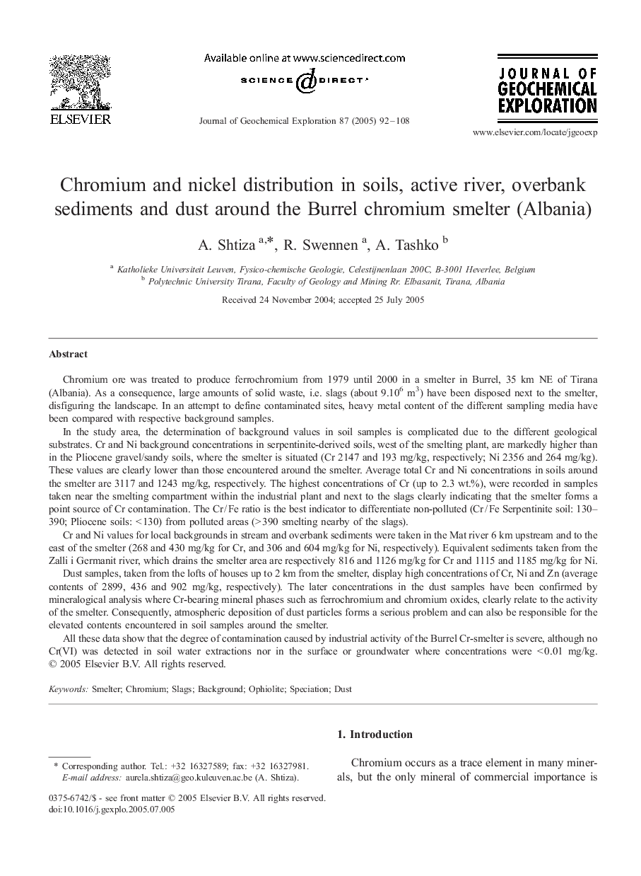 Chromium and nickel distribution in soils, active river, overbank sediments and dust around the Burrel chromium smelter (Albania)