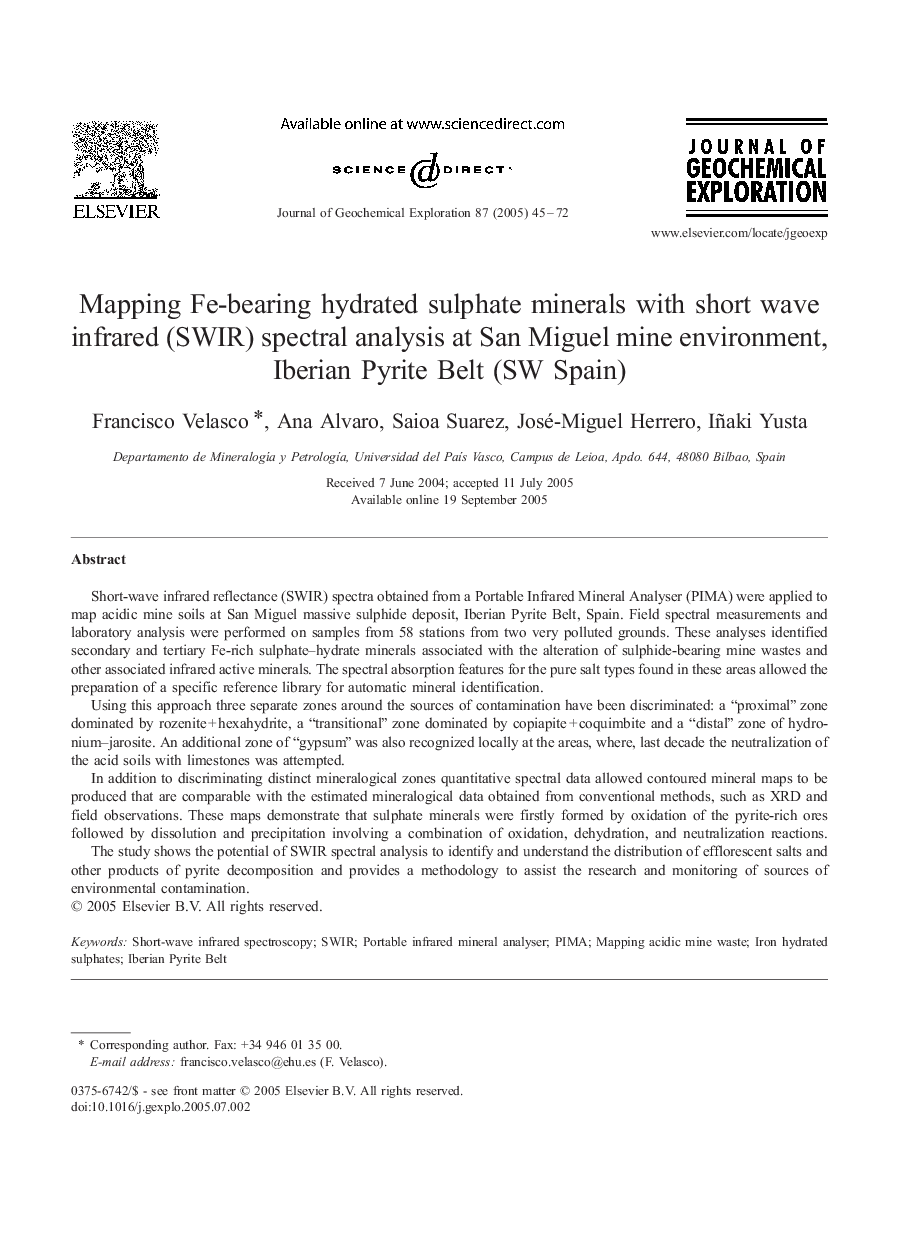 Mapping Fe-bearing hydrated sulphate minerals with short wave infrared (SWIR) spectral analysis at San Miguel mine environment, Iberian Pyrite Belt (SW Spain)