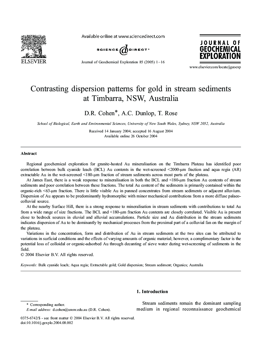 Contrasting dispersion patterns for gold in stream sediments at Timbarra, NSW, Australia