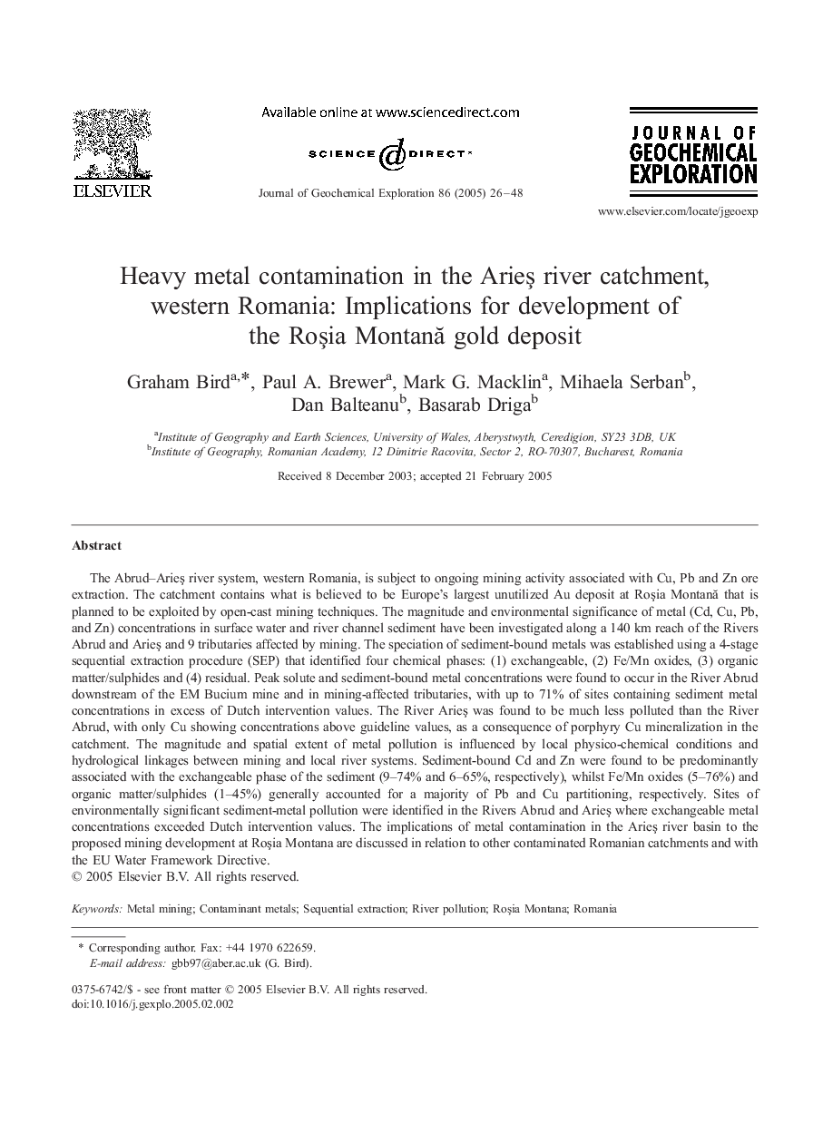 Heavy metal contamination in the ArieÅ river catchment, western Romania: Implications for development of the RoÅia MontanÄ gold deposit