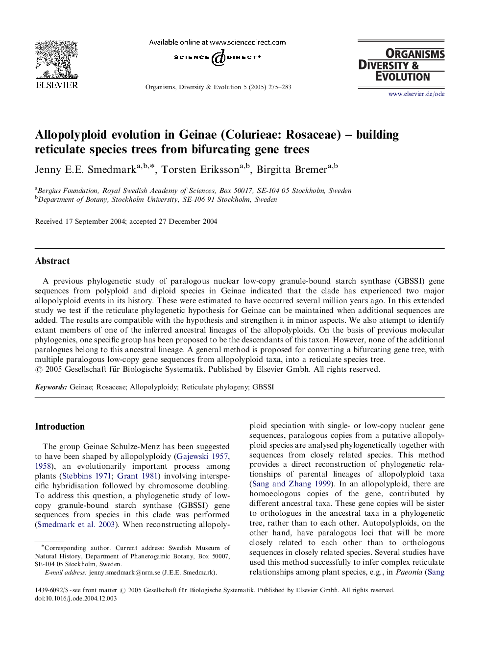 Allopolyploid evolution in Geinae (Colurieae: Rosaceae) - building reticulate species trees from bifurcating gene trees