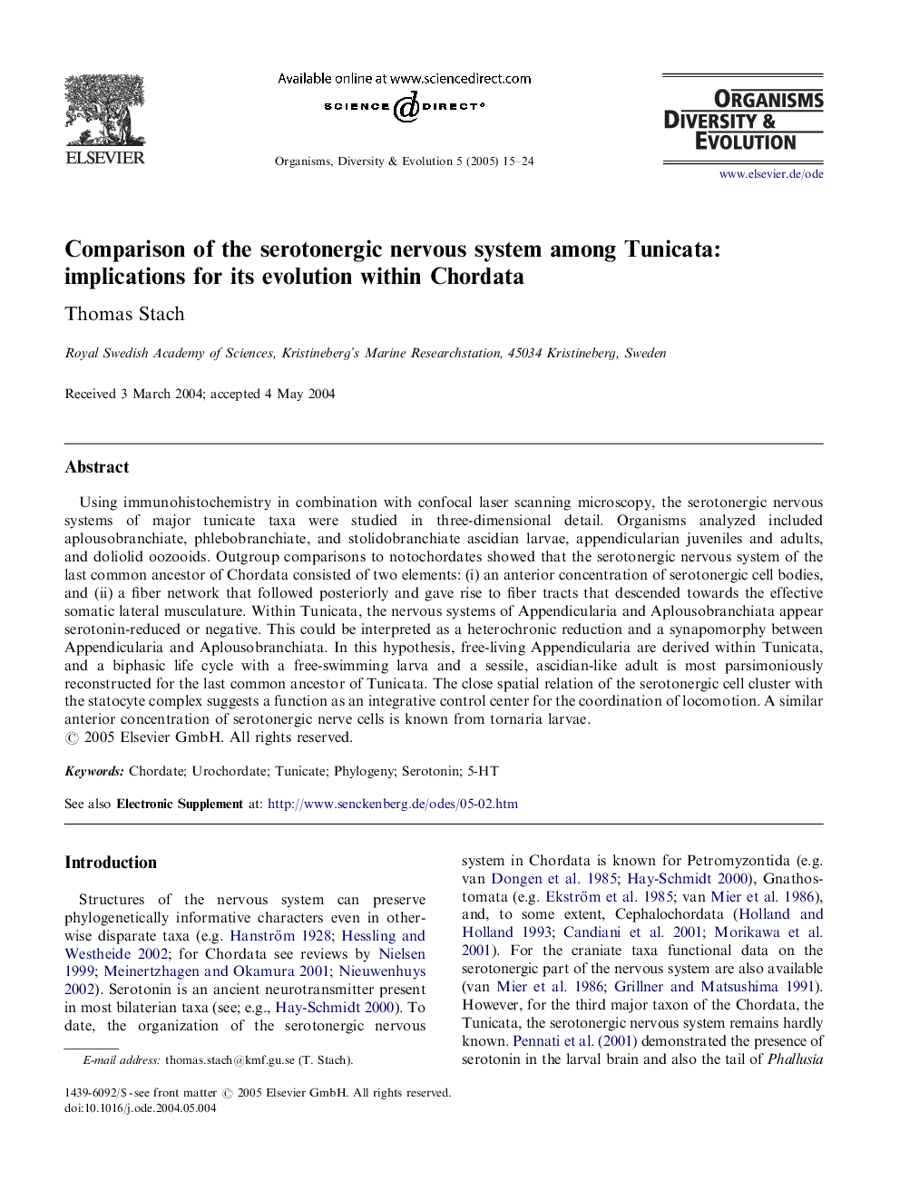 Comparison of the serotonergic nervous system among Tunicata: implications for its evolution within Chordata