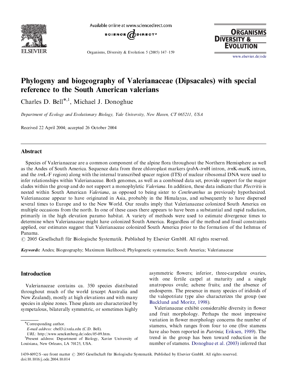 Phylogeny and biogeography of Valerianaceae (Dipsacales) with special reference to the South American valerians