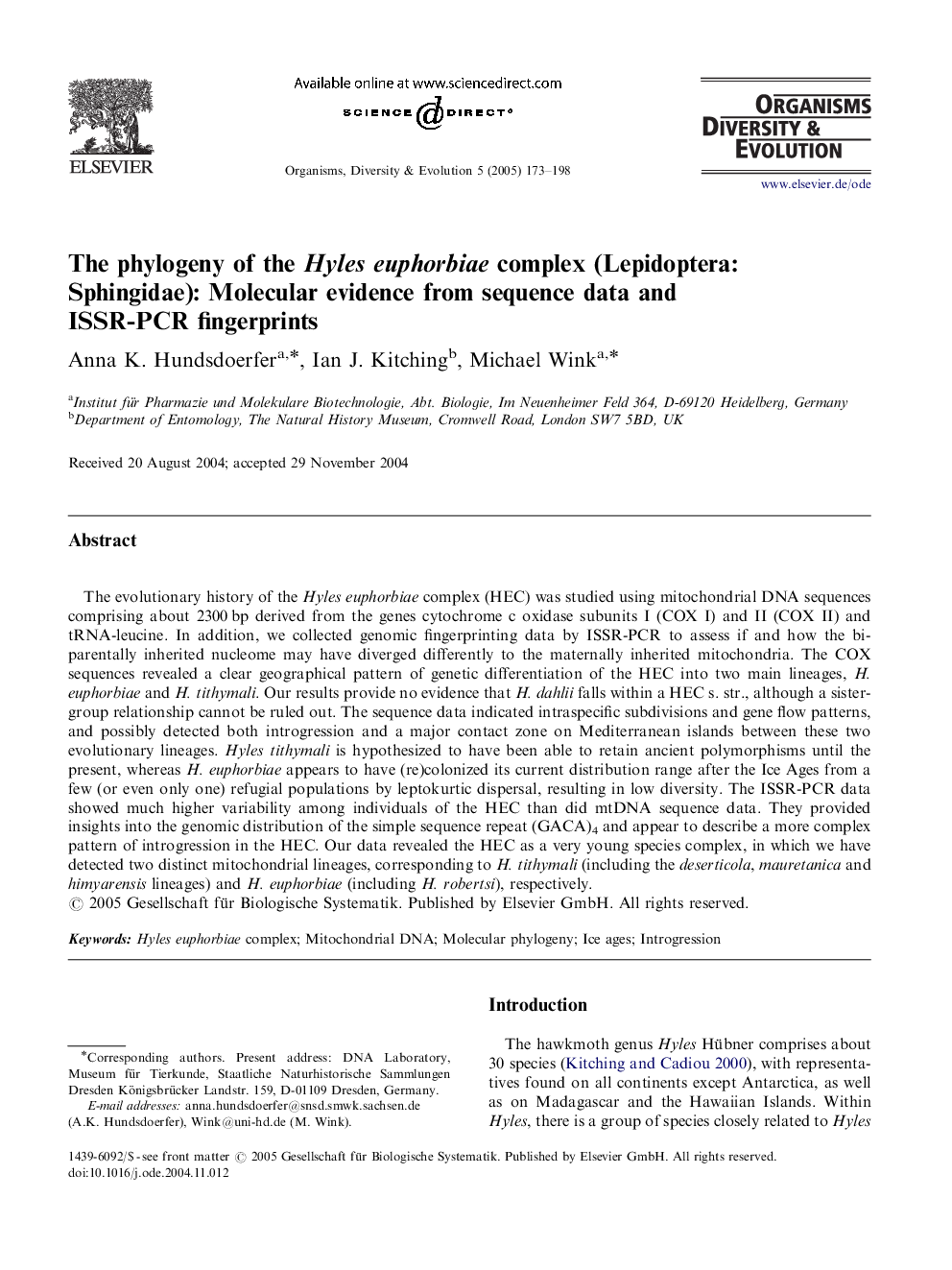 The phylogeny of the Hyles euphorbiae complex (Lepidoptera: Sphingidae): Molecular evidence from sequence data and ISSR-PCR fingerprints