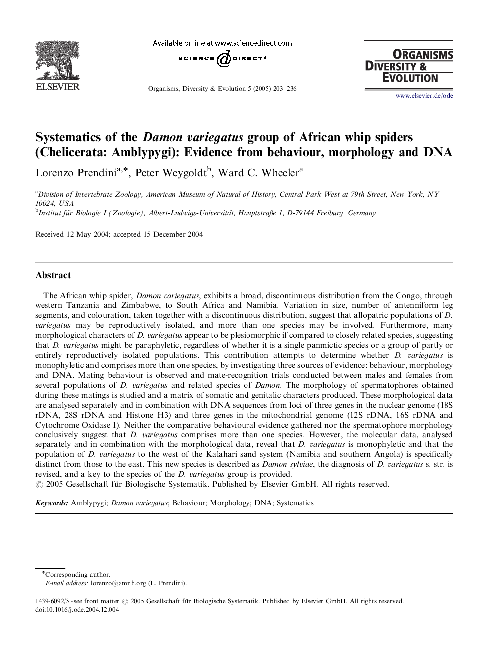 Systematics of the Damon variegatus group of African whip spiders (Chelicerata: Amblypygi): Evidence from behaviour, morphology and DNA