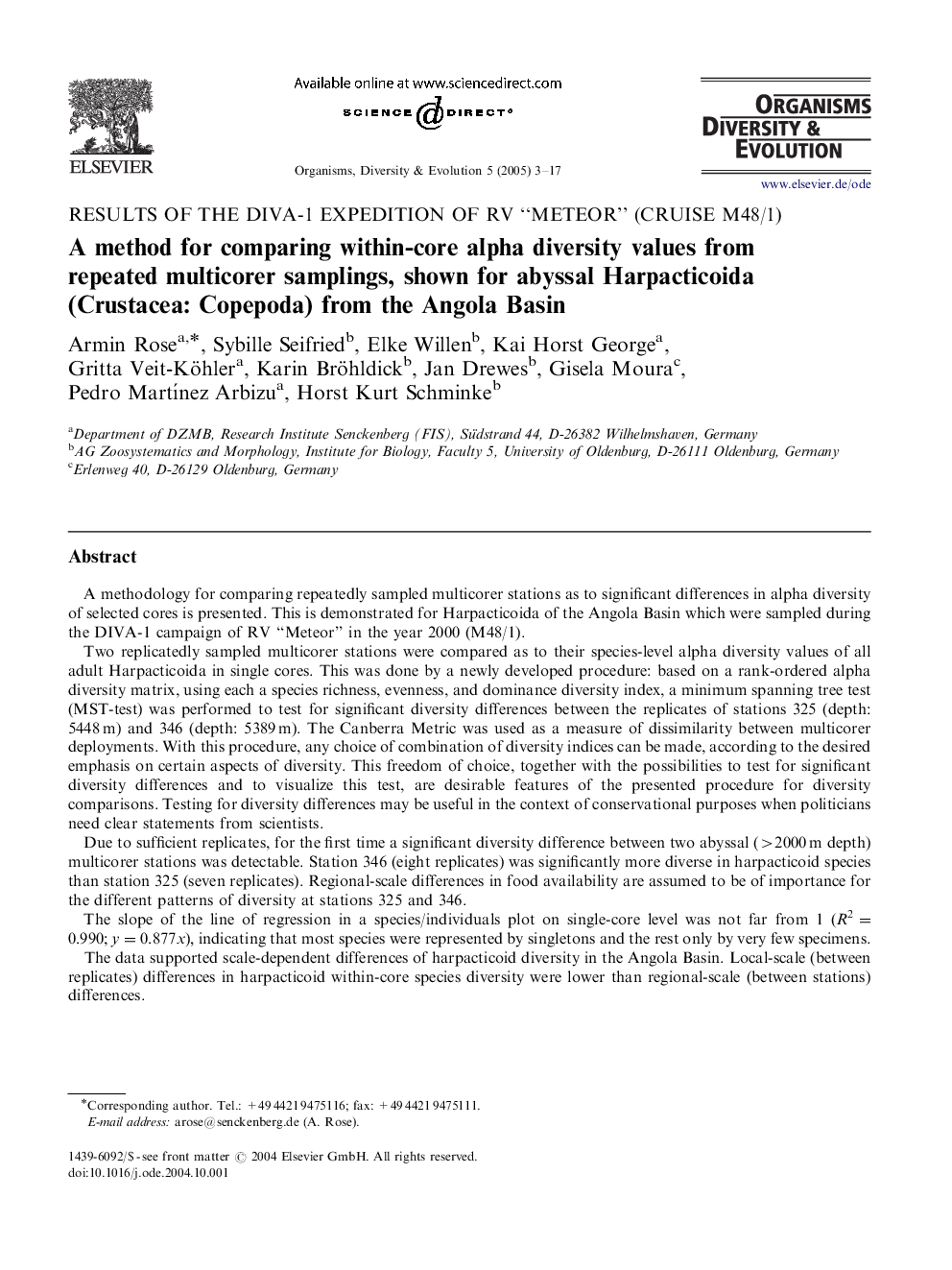 A method for comparing within-core alpha diversity values from repeated multicorer samplings, shown for abyssal Harpacticoida (Crustacea: Copepoda) from the Angola Basin