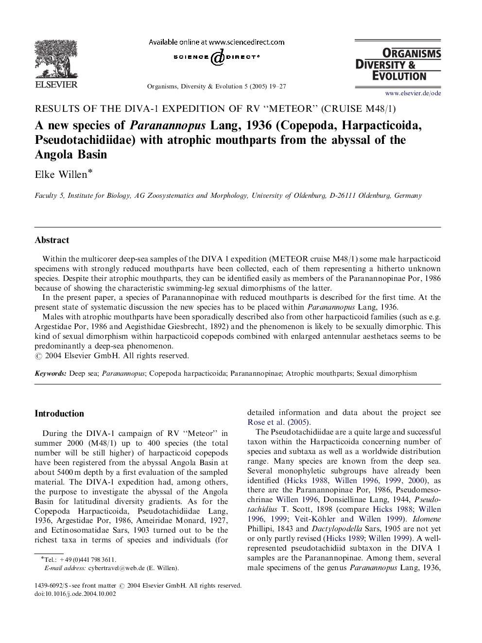 A new species of Paranannopus Lang, 1936 (Copepoda, Harpacticoida, Pseudotachidiidae) with atrophic mouthparts from the abyssal of the Angola Basin