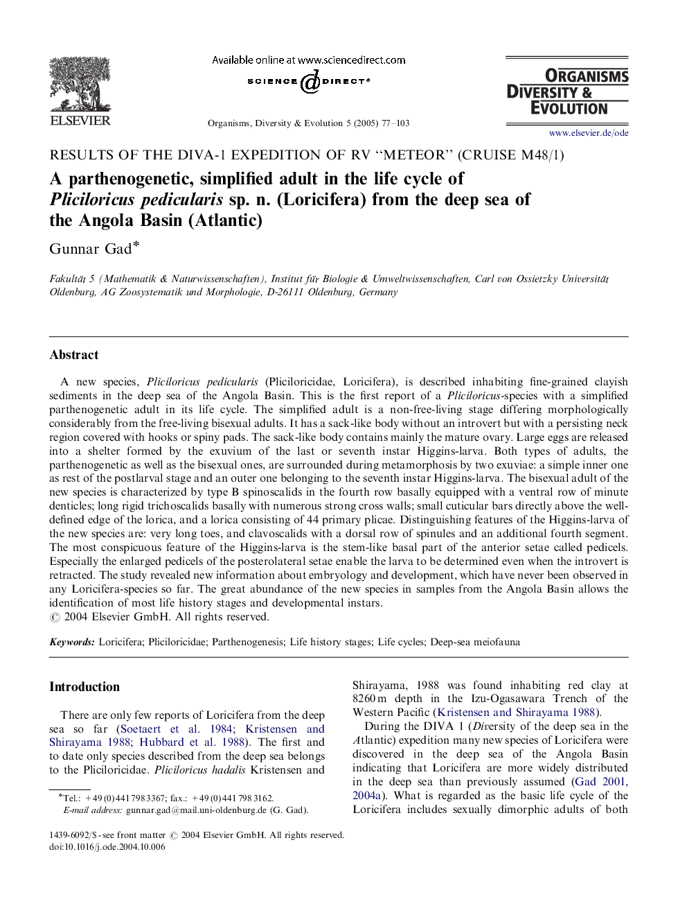 A parthenogenetic, simplified adult in the life cycle of Pliciloricus pedicularis sp. n. (Loricifera) from the deep sea of the Angola Basin (Atlantic)