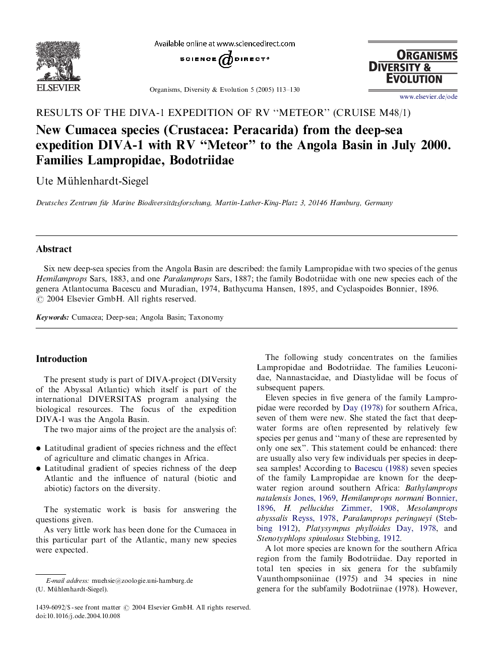 New Cumacea species (Crustacea: Peracarida) from the deep-sea expedition DIVA-1 with RV “Meteor” to the Angola Basin in July 2000. Families Lampropidae, Bodotriidae