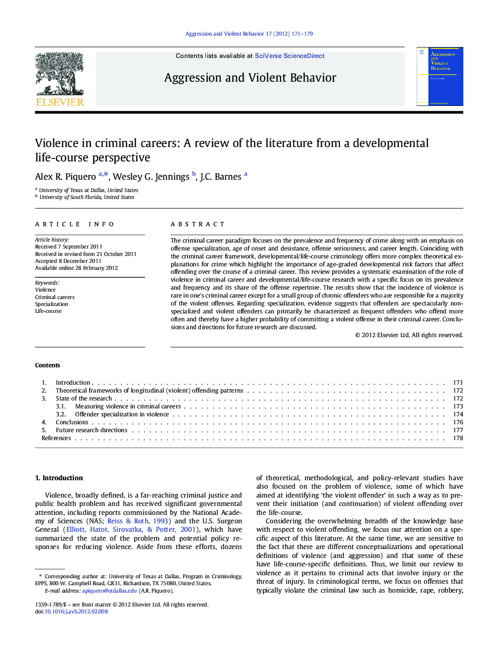 Violence in criminal careers: A review of the literature from a developmental life-course perspective