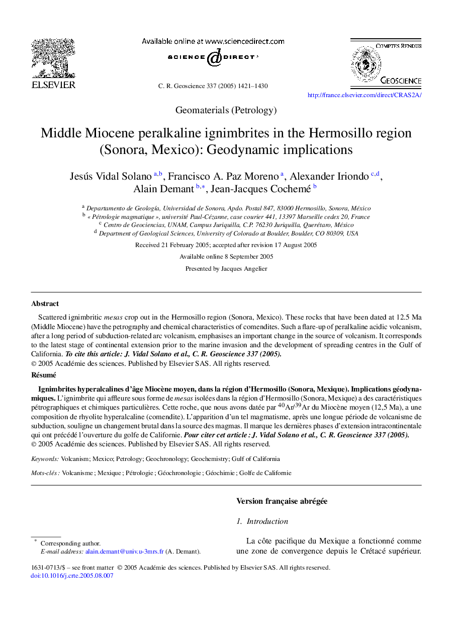 Middle Miocene peralkaline ignimbrites in the Hermosillo region (Sonora, Mexico): Geodynamic implications