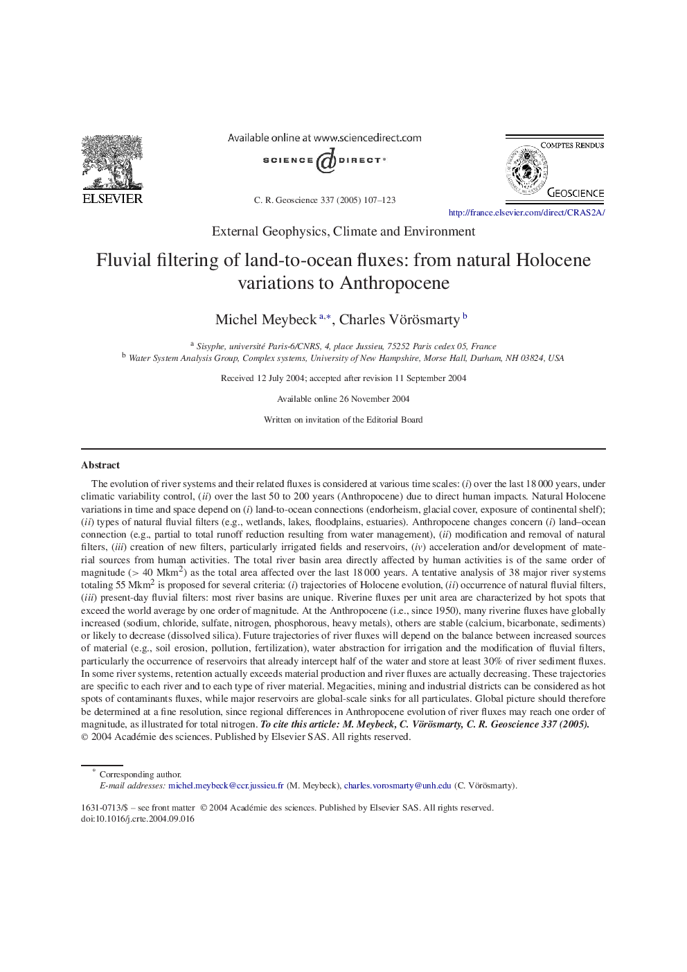 Fluvial filtering of land-to-ocean fluxes: from natural Holocene variations to Anthropocene