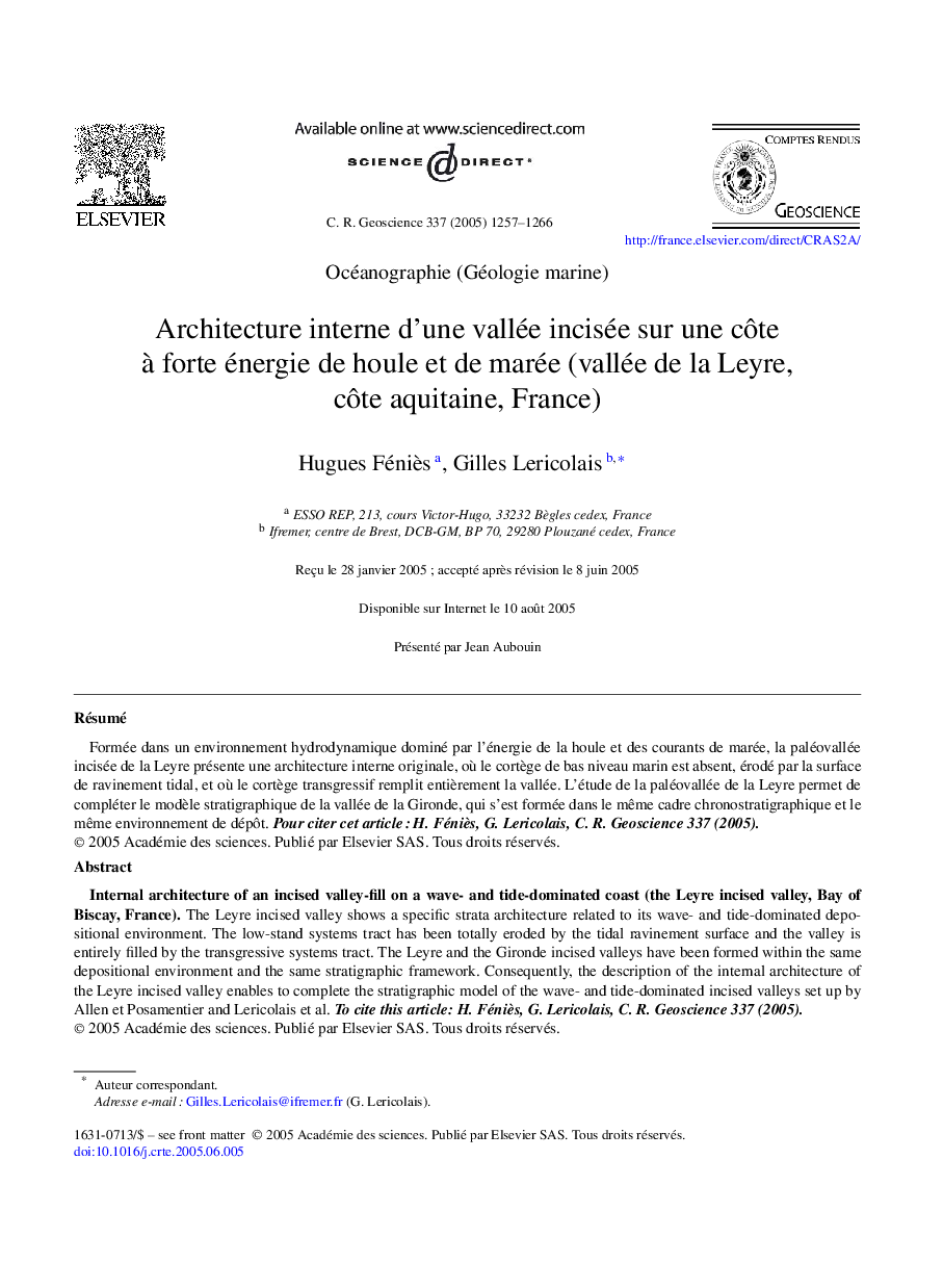 Architecture interne d'une vallée incisée sur une cÃ´te Ã  forte énergie de houle et de marée (vallée de la Leyre, cÃ´te aquitaine, France)
