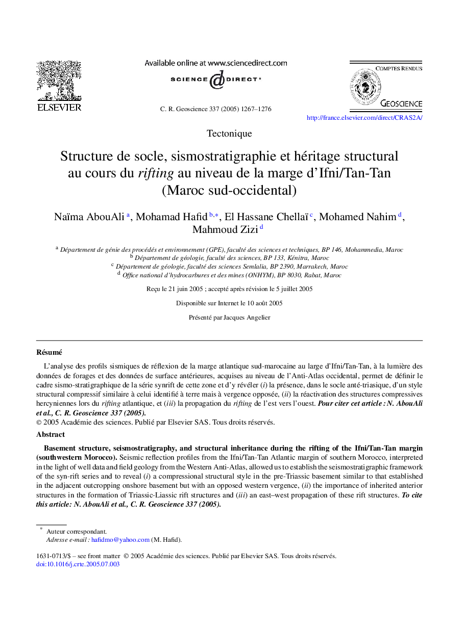 Structure de socle, sismostratigraphie et héritage structural au cours du rifting au niveau de la marge d'Ifni/Tan-Tan (Maroc sud-occidental)