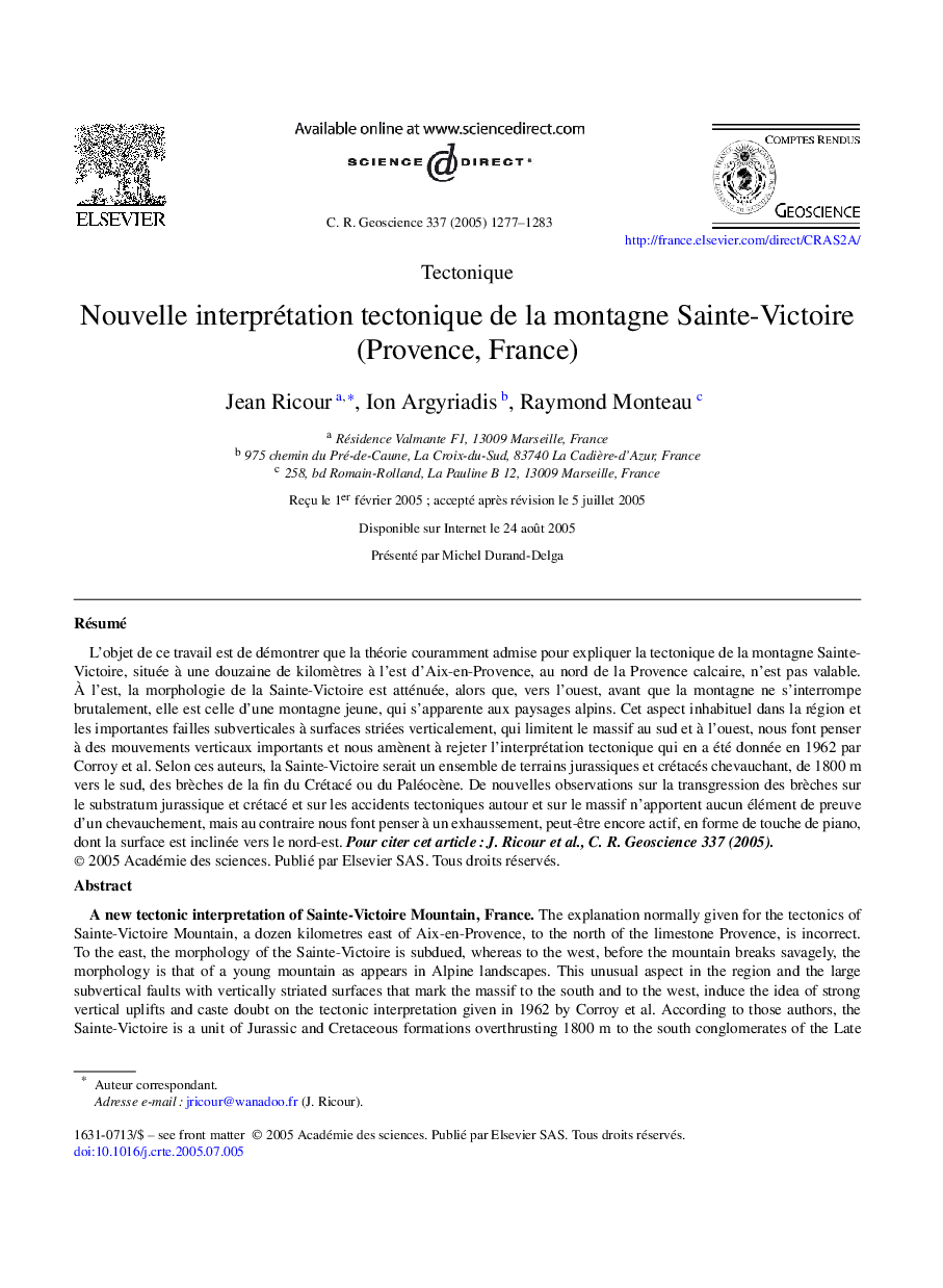 Nouvelle interprétation tectonique de la montagne Sainte-Victoire (Provence, France)