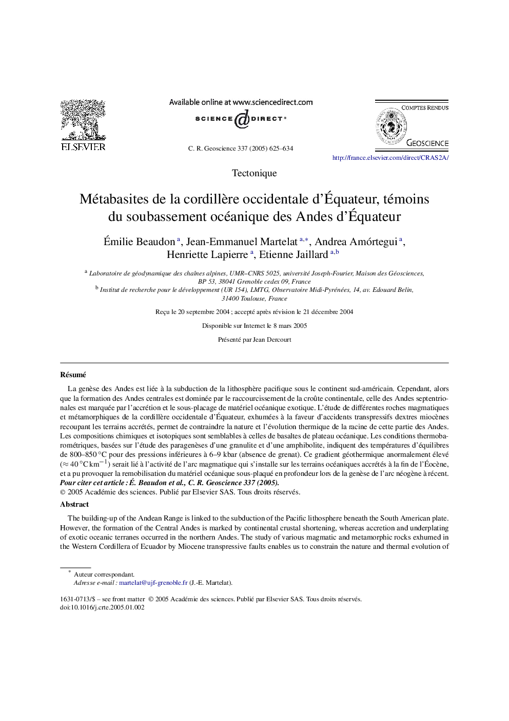 Métabasites de la cordillÃ¨re occidentale d'Ãquateur, témoins du soubassement océanique des Andes d'Ãquateur