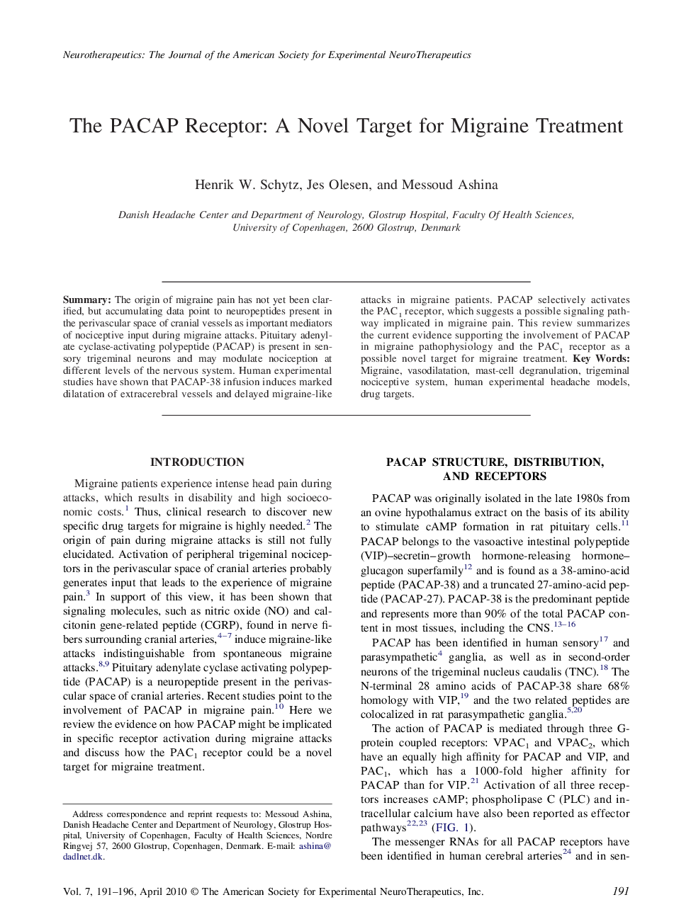 The PACAP Receptor: A Novel Target for Migraine Treatment