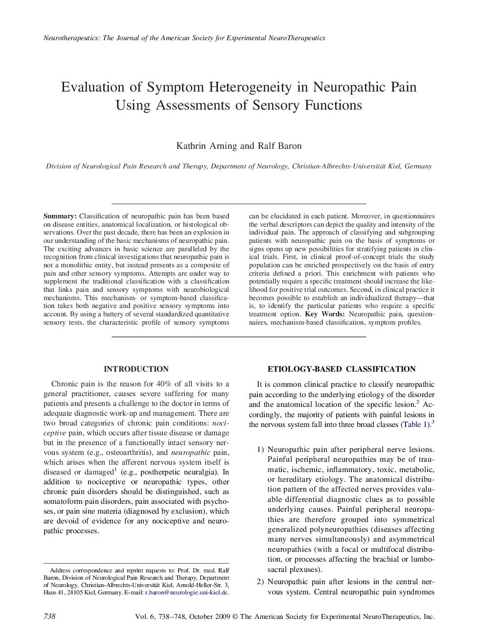 Evaluation of Symptom Heterogeneity in Neuropathic Pain Using Assessments of Sensory Functions