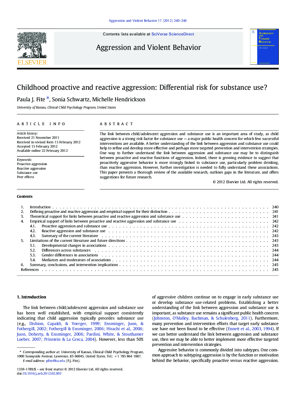 Childhood proactive and reactive aggression: Differential risk for substance use?