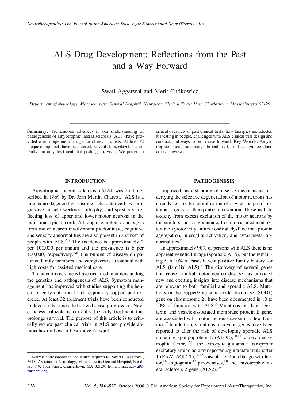 ALS Drug Development: Reflections from the Past and a Way Forward