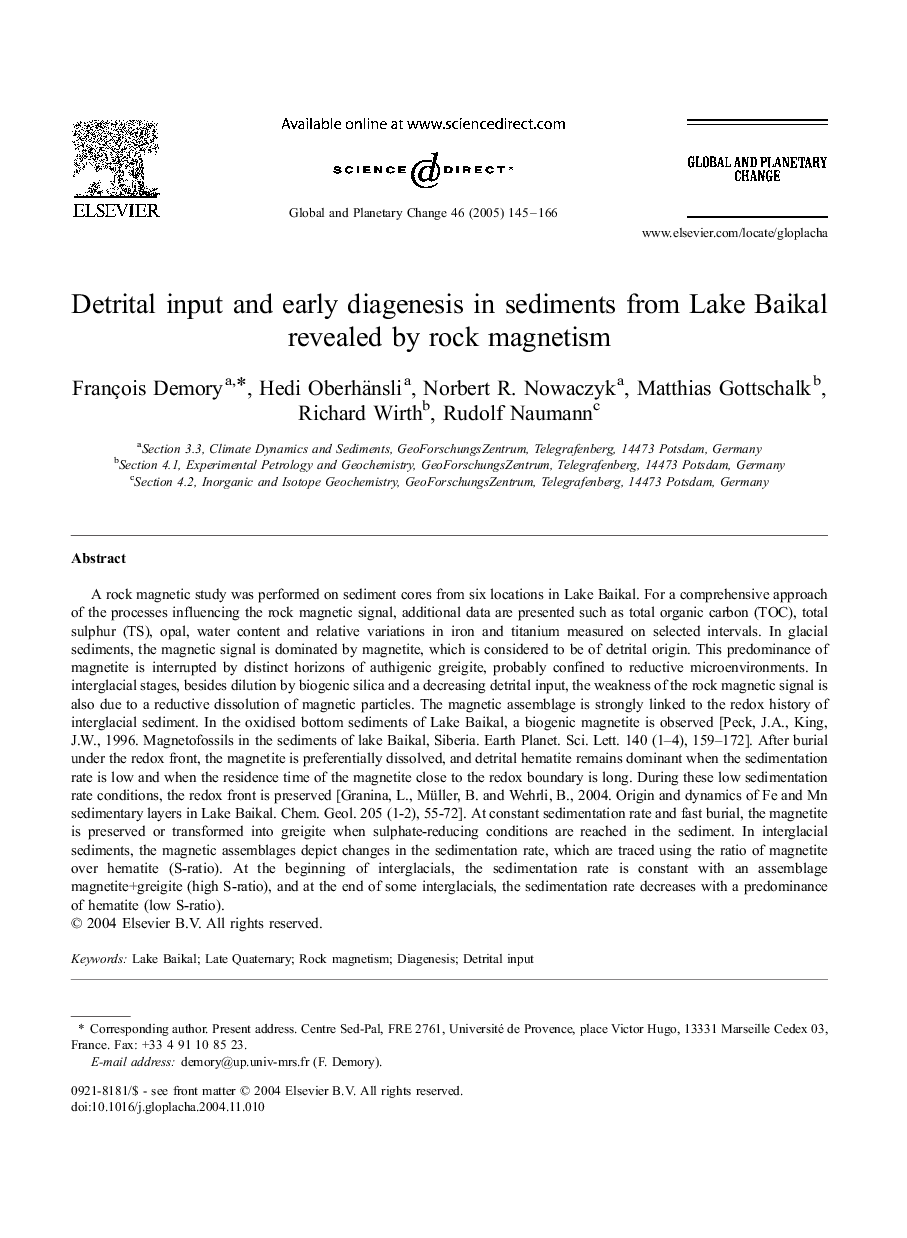 Detrital input and early diagenesis in sediments from Lake Baikal revealed by rock magnetism