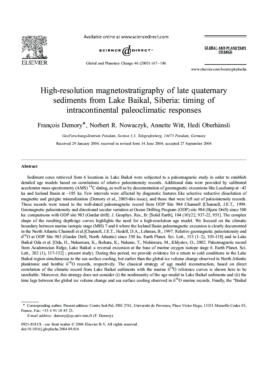 عکس صفحه اول مقاله: High-resolution magnetostratigraphy of late quaternary sediments from Lake Baikal, Siberia: timing of intracontinental paleoclimatic responses High-resolution magnetostratigraphy of late quaternary sediments from Lake Baikal, Siberia: timing of intracontinental paleoclimatic responses