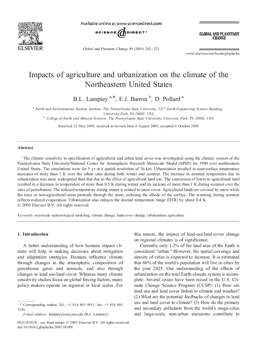 Impacts of agriculture and urbanization on the climate of the Northeastern United States