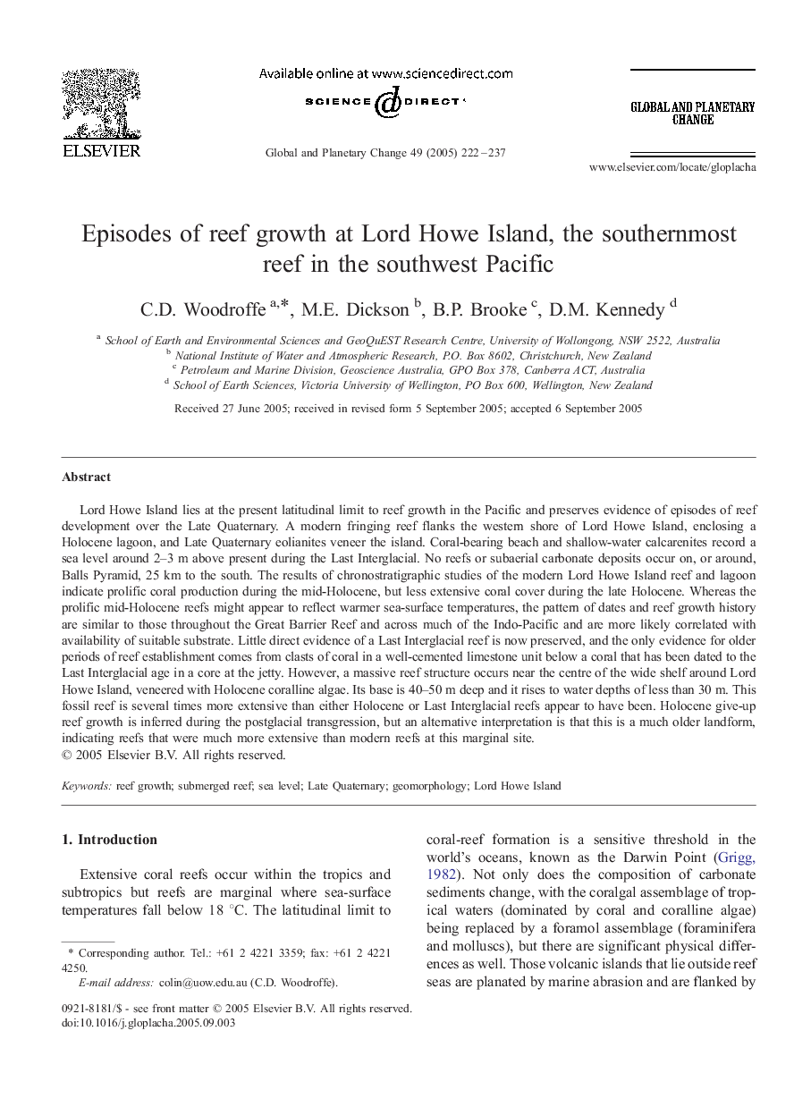 Episodes of reef growth at Lord Howe Island, the southernmost reef in the southwest Pacific