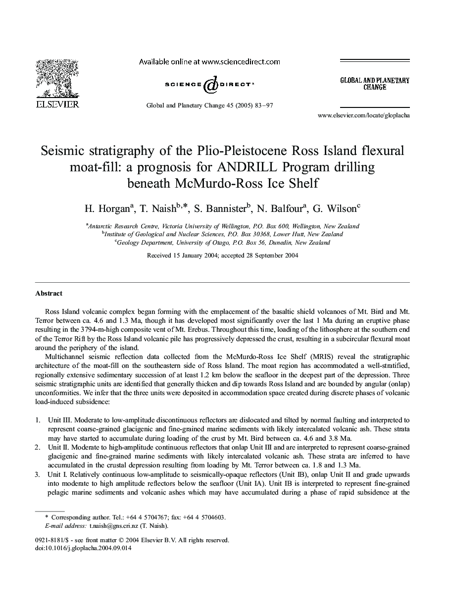 Seismic stratigraphy of the Plio-Pleistocene Ross Island flexural moat-fill: a prognosis for ANDRILL Program drilling beneath McMurdo-Ross Ice Shelf