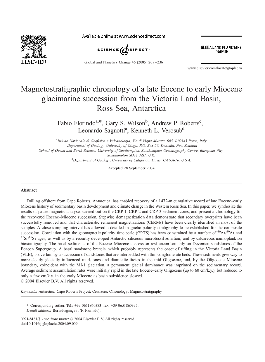 Magnetostratigraphic chronology of a late Eocene to early Miocene glacimarine succession from the Victoria Land Basin, Ross Sea, Antarctica