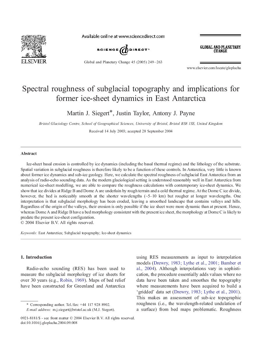 Spectral roughness of subglacial topography and implications for former ice-sheet dynamics in East Antarctica