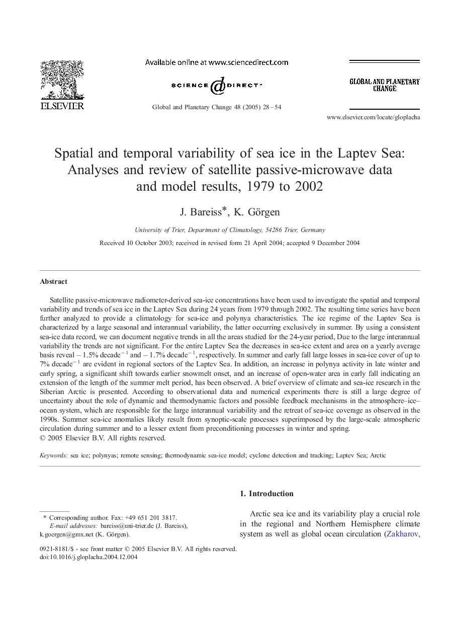 Spatial and temporal variability of sea ice in the Laptev Sea: Analyses and review of satellite passive-microwave data and model results, 1979 to 2002