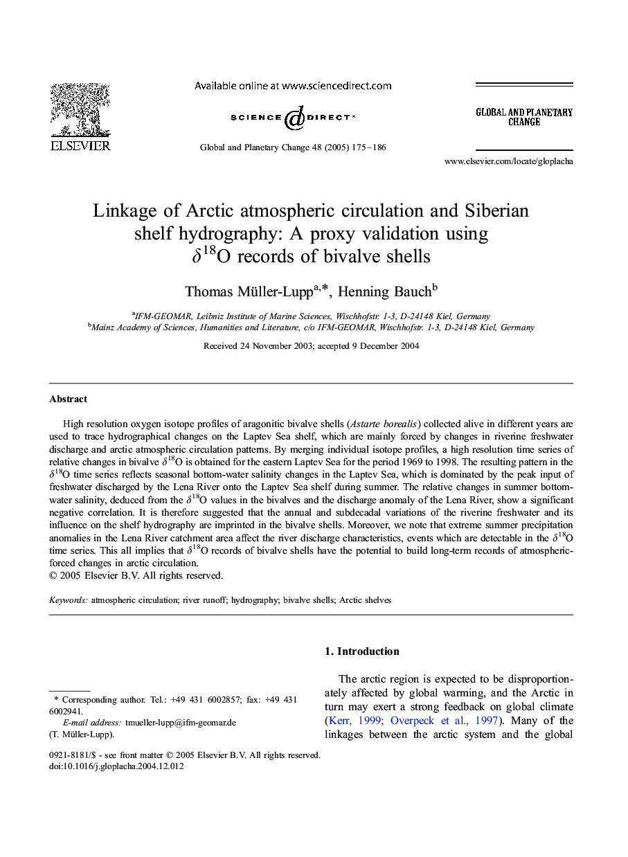 Linkage of Arctic atmospheric circulation and Siberian shelf hydrography: A proxy validation using Î´18O records of bivalve shells