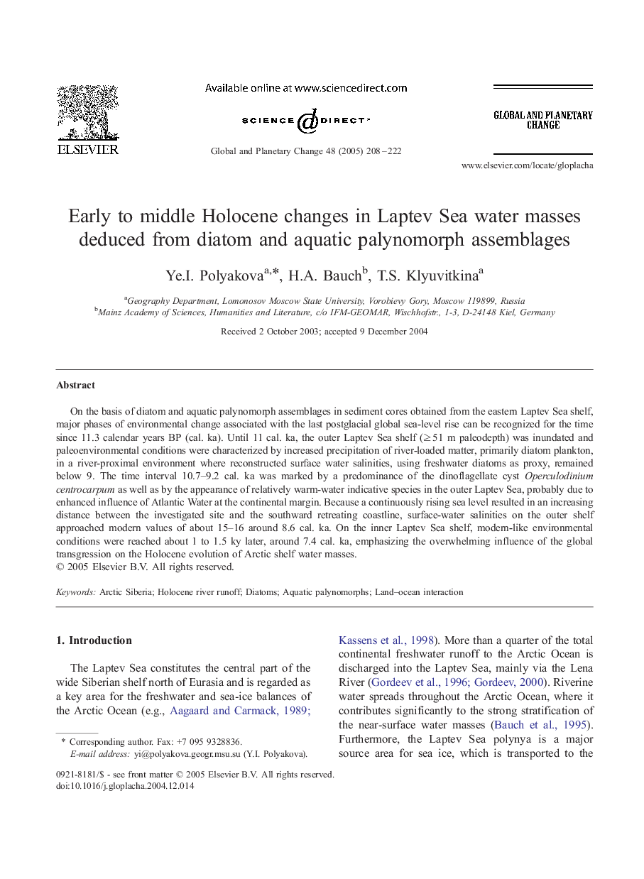Early to middle Holocene changes in Laptev Sea water masses deduced from diatom and aquatic palynomorph assemblages