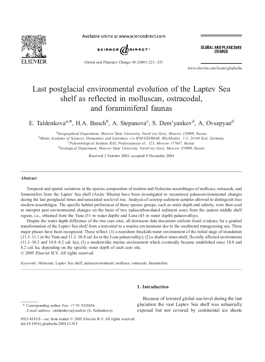 Last postglacial environmental evolution of the Laptev Sea shelf as reflected in molluscan, ostracodal, and foraminiferal faunas