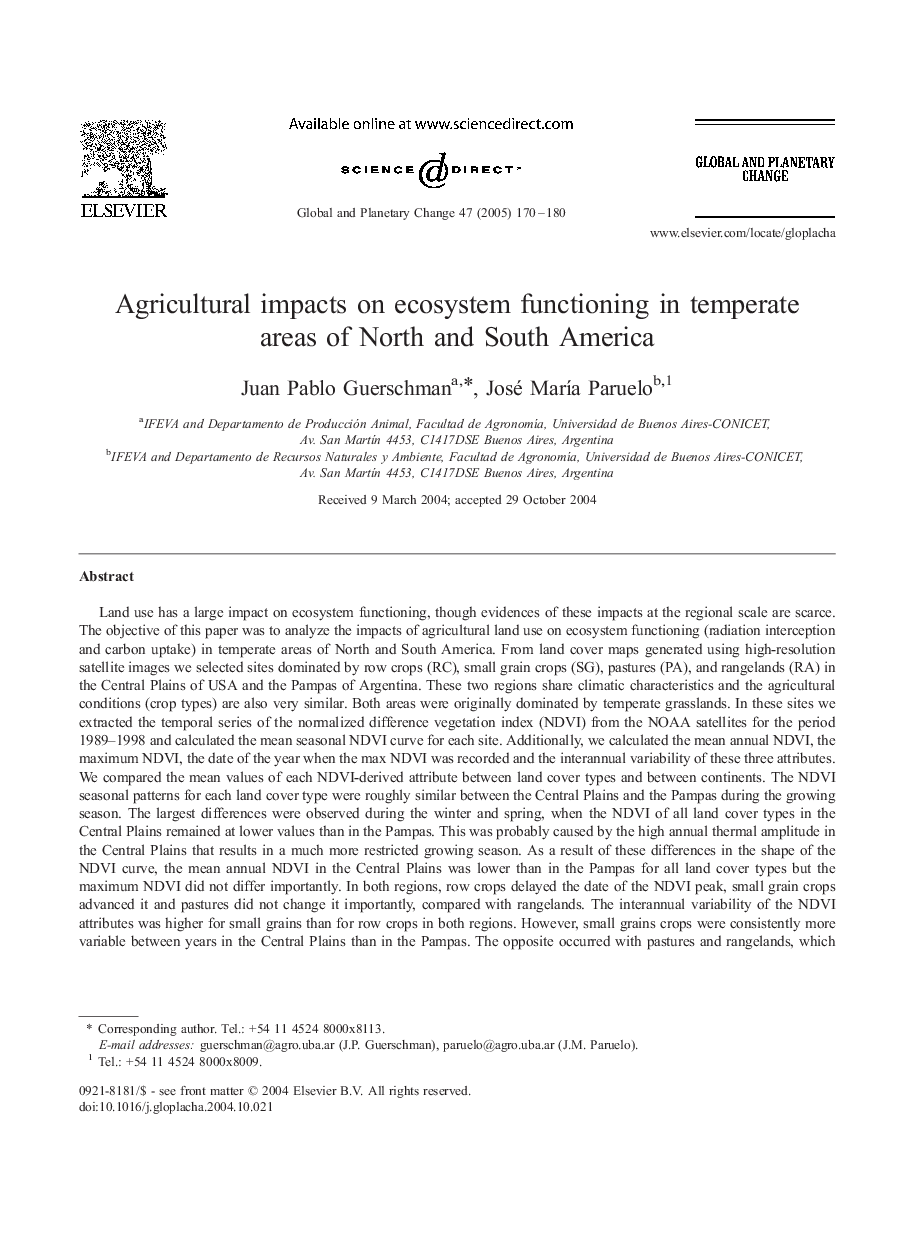 Agricultural impacts on ecosystem functioning in temperate areas of North and South America