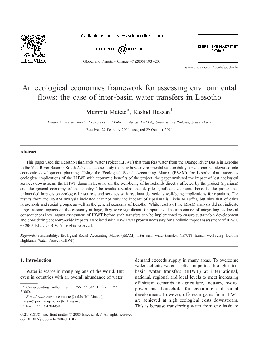 An ecological economics framework for assessing environmental flows: the case of inter-basin water transfers in Lesotho