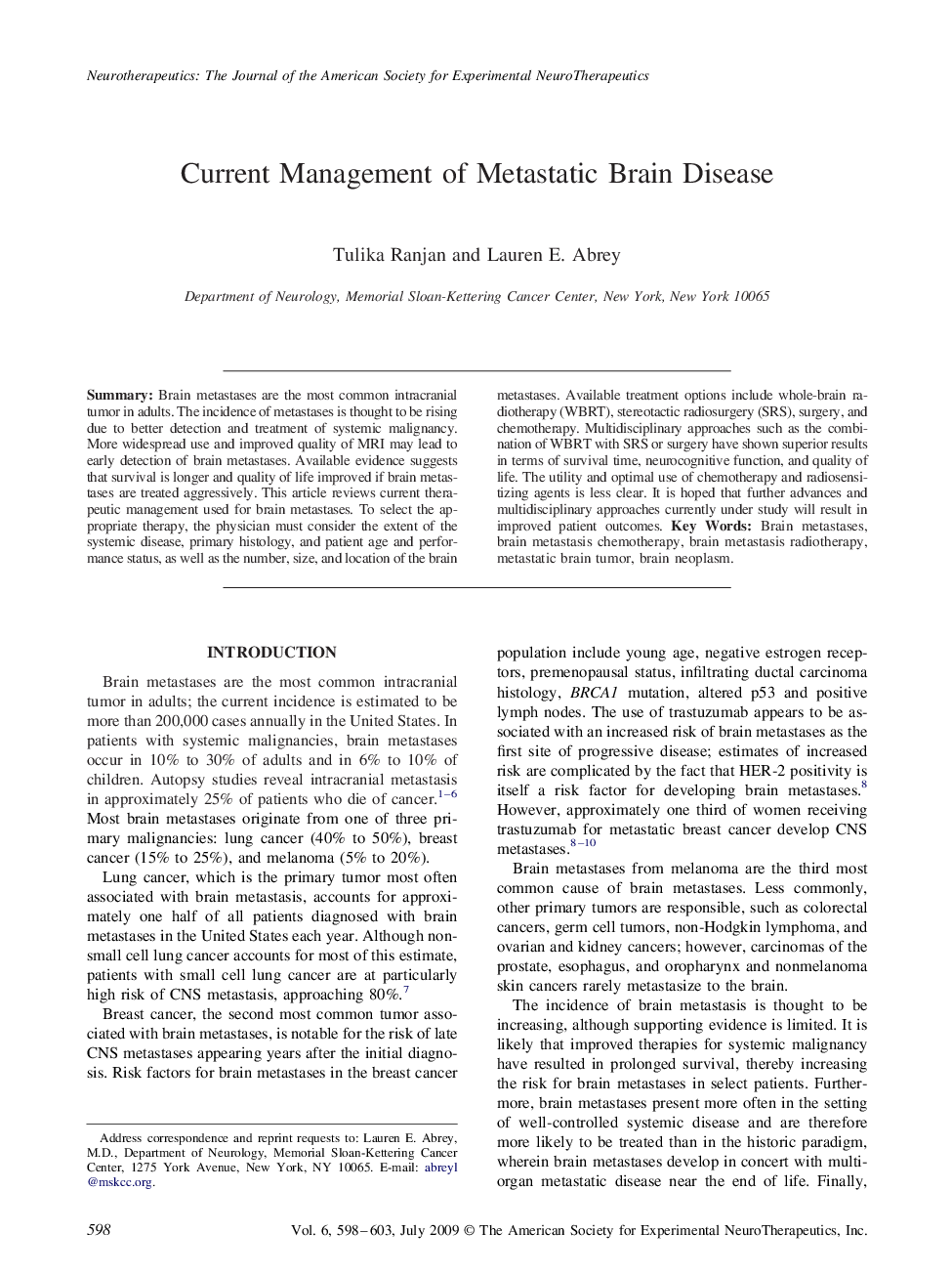 Current Management of Metastatic Brain Disease