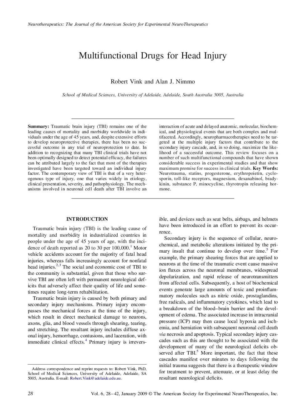 عکس صفحه اول مقاله: Multifunctional Drugs for Head Injury Multifunctional Drugs for Head Injury