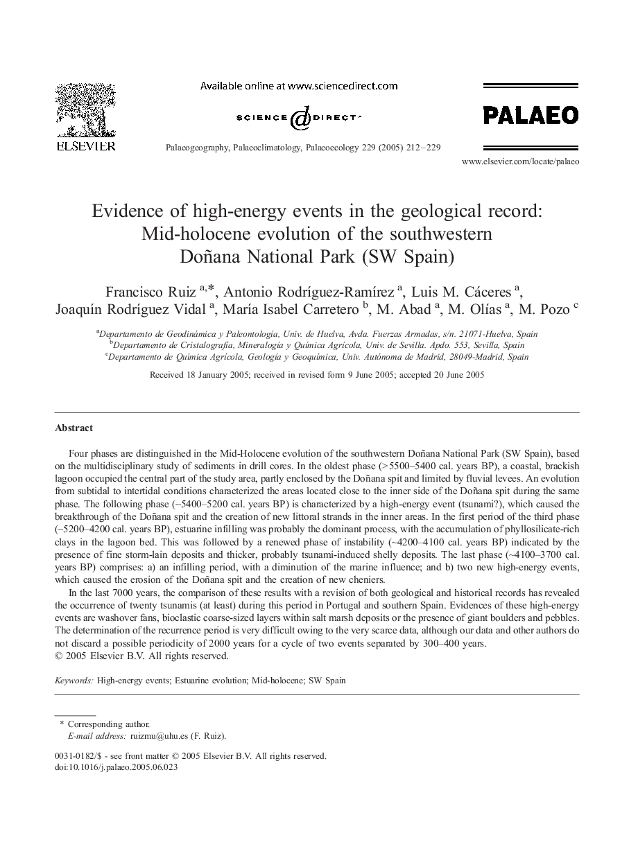 Evidence of high-energy events in the geological record: Mid-holocene evolution of the southwestern Doñana National Park (SW Spain)