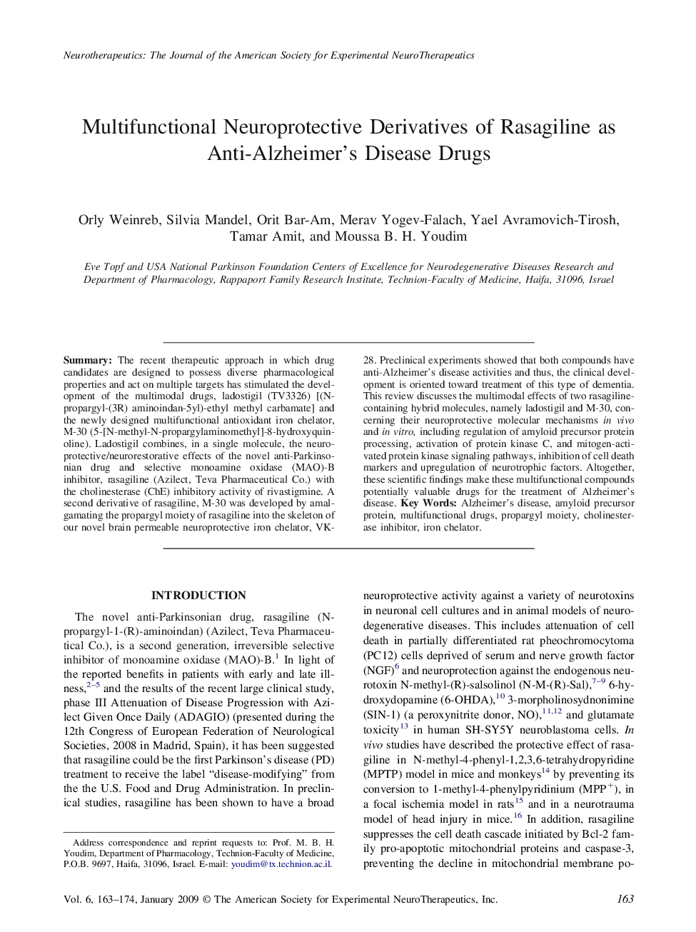 Multifunctional Neuroprotective Derivatives of Rasagiline as Anti-Alzheimer's Disease Drugs