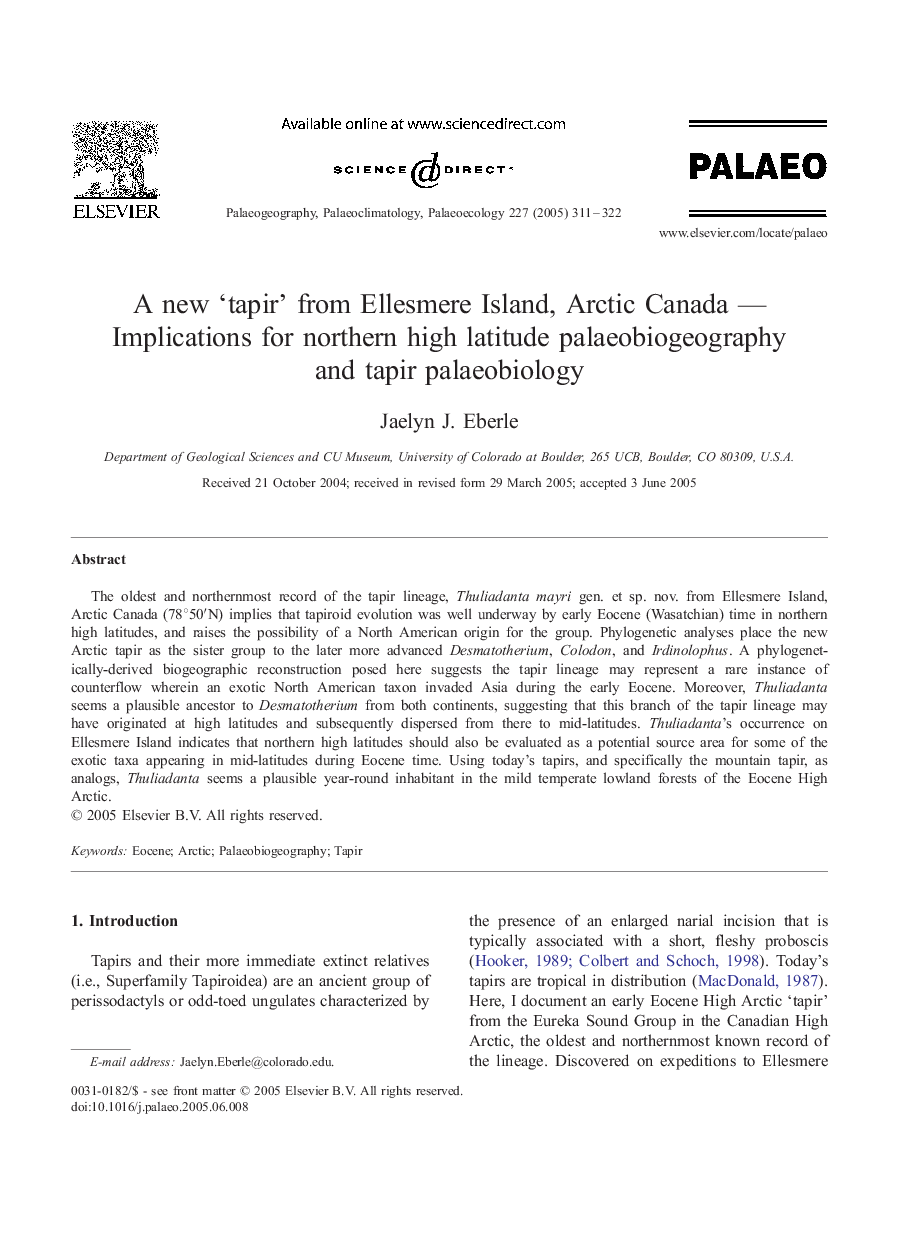 A new 'tapir' from Ellesmere Island, Arctic Canada - Implications for northern high latitude palaeobiogeography and tapir palaeobiology