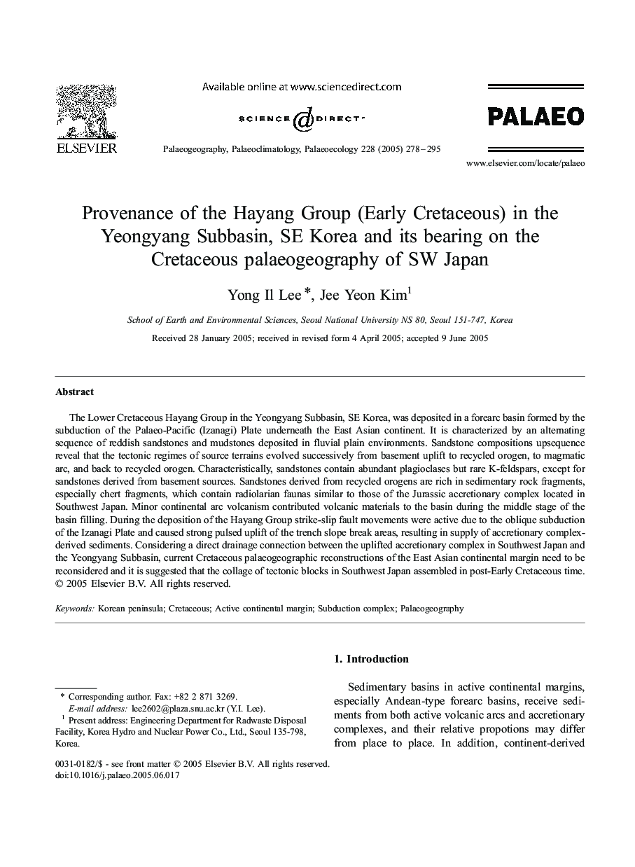 Provenance of the Hayang Group (Early Cretaceous) in the Yeongyang Subbasin, SE Korea and its bearing on the Cretaceous palaeogeography of SW Japan