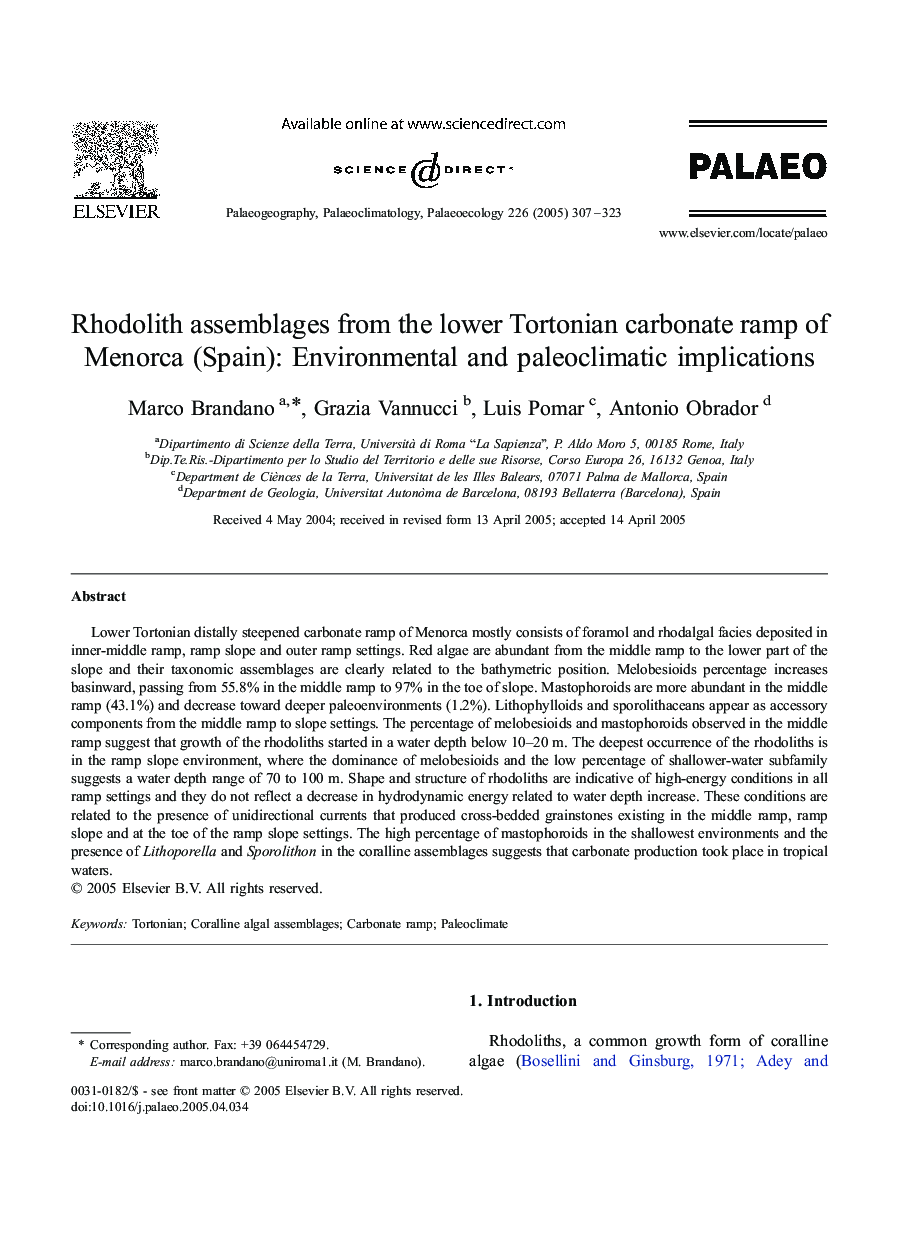 Rhodolith assemblages from the lower Tortonian carbonate ramp of Menorca (Spain): Environmental and paleoclimatic implications