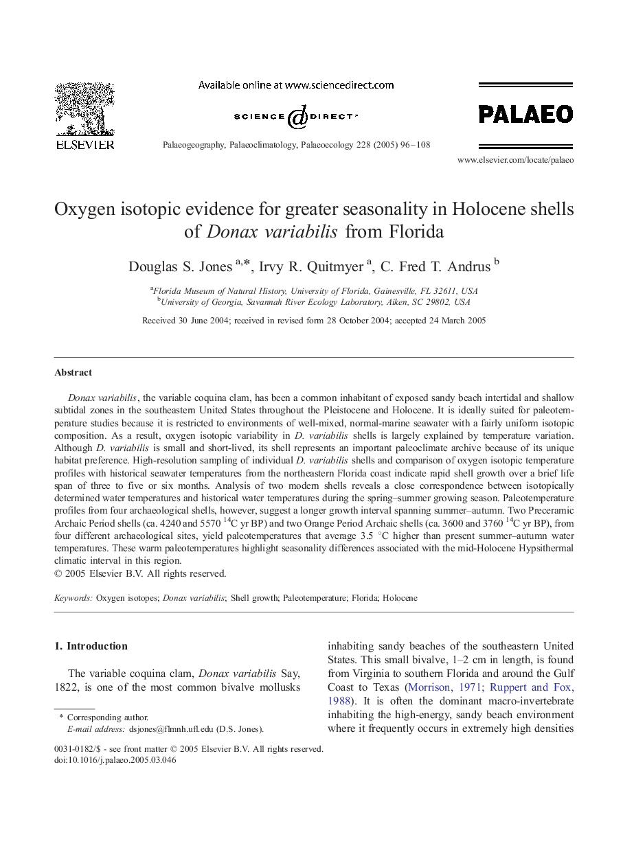 Oxygen isotopic evidence for greater seasonality in Holocene shells of Donax variabilis from Florida